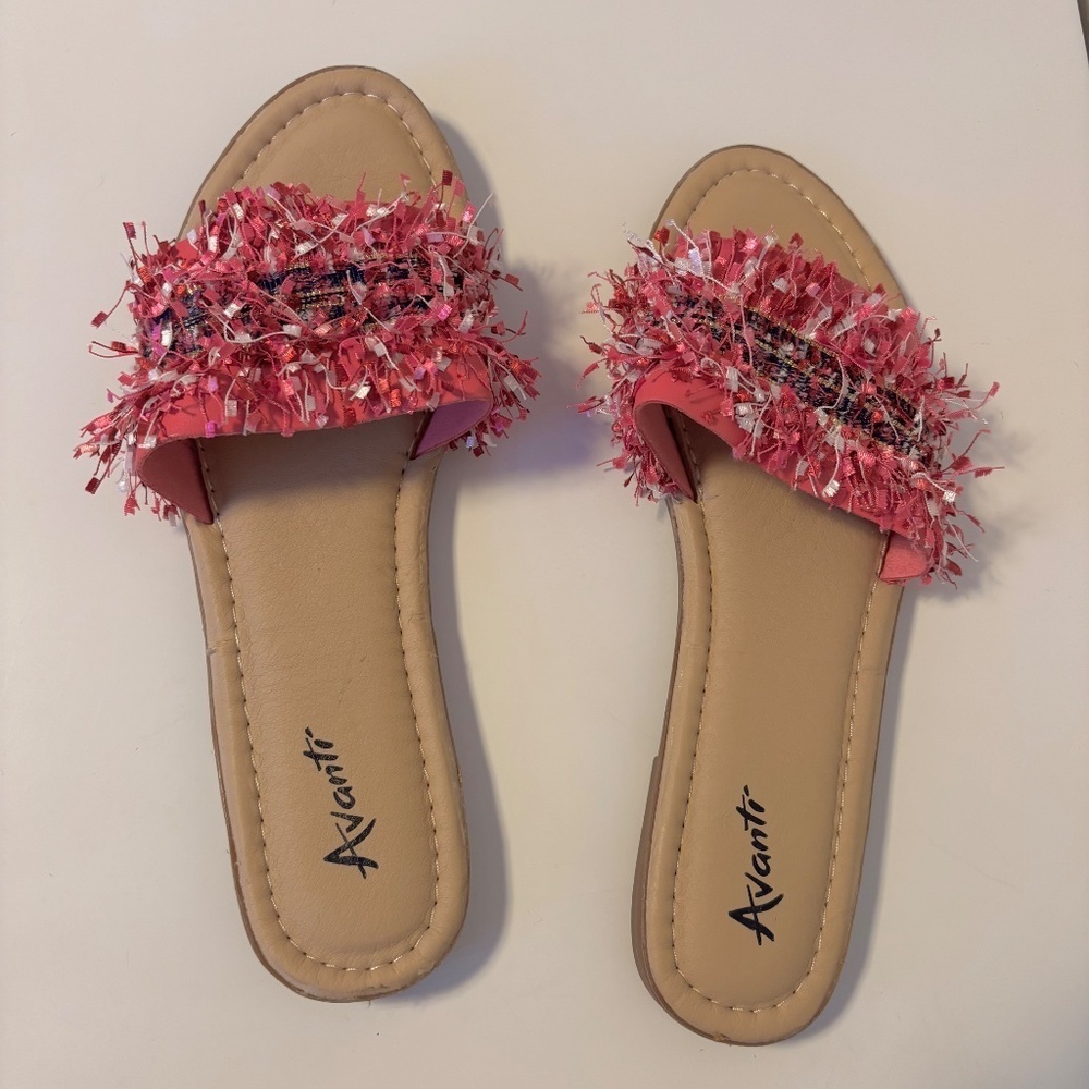 Avanti Pink Fringe Slip On Slide Flat Sandals Vegan Faux Leather Womens US 10 - Picture 3 of 4